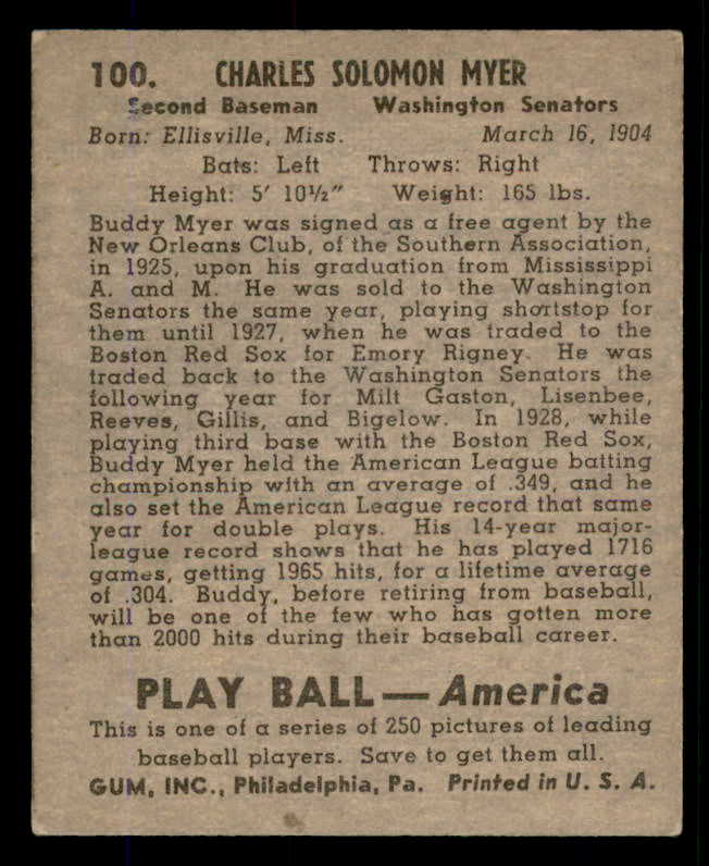 1939 Play Ball #100 Buddy Myer Senators EX 558318