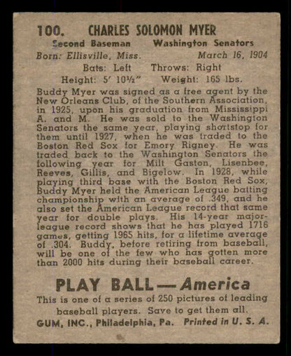 1939 Play Ball #100 Buddy Myer Senators EX 558318