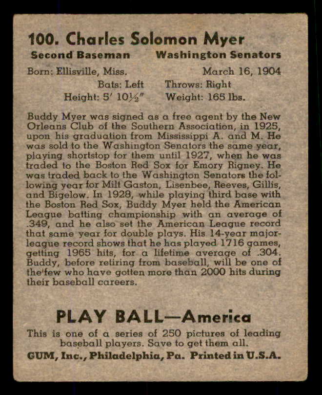 1939 Play Ball #100 Buddy Myer Senators VG 558319