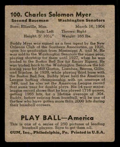 1939 Play Ball #100 Buddy Myer Senators VG 558319