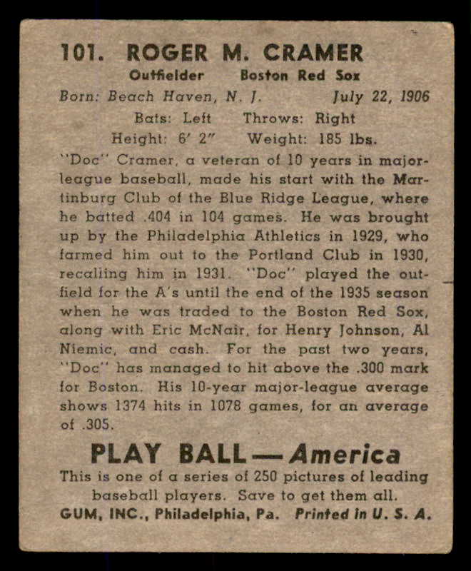 1939 Play Ball #101 Doc Cramer Red Sox VG-EX 558321