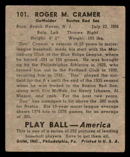 1939 Play Ball #101 Doc Cramer Red Sox VG-EX 558321