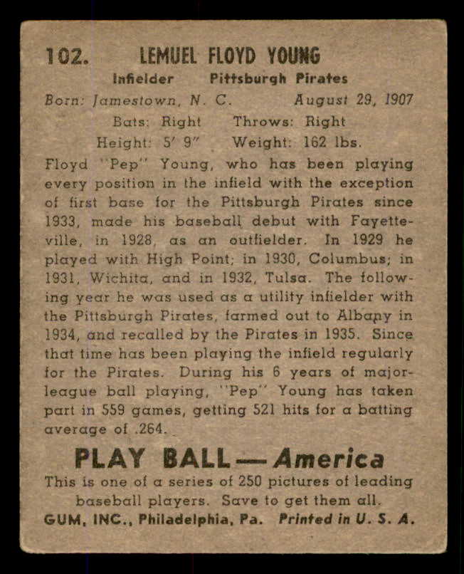 1939 Play Ball #102 Pep Young Pirates EX 558322