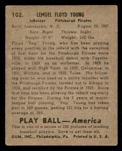 1939 Play Ball #102 Pep Young Pirates EX 558322