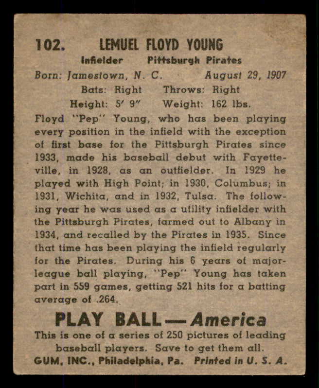 1939 Play Ball #102 Pep Young Pirates VG-EX 558323