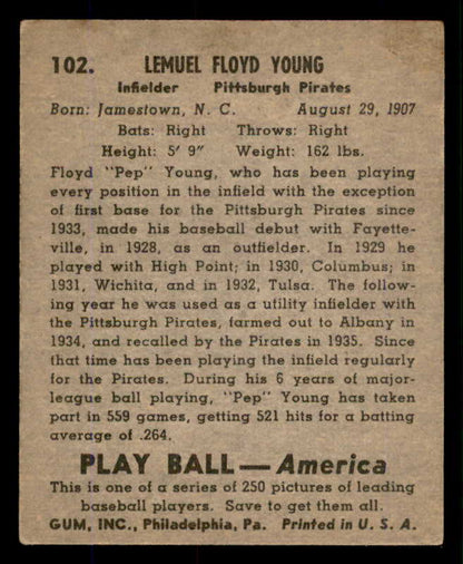 1939 Play Ball #102 Pep Young Pirates VG-EX 558323