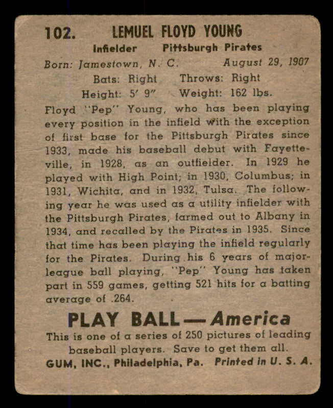 1939 Play Ball #102 Pep Young Pirates GD-VG 558324