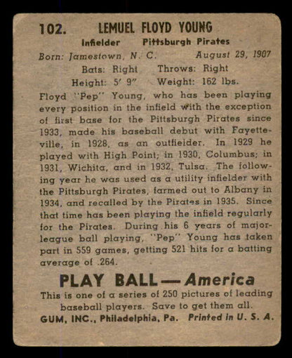 1939 Play Ball #102 Pep Young Pirates GD-VG 558324