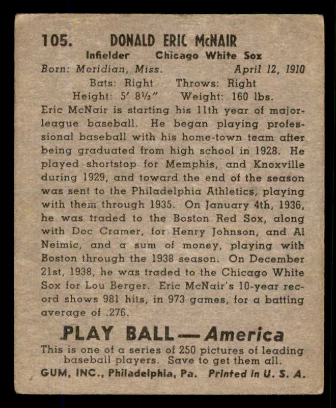 1939 Play Ball #105 Eric McNair White Sox VG-EX 558328
