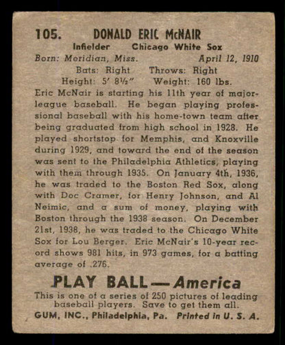 1939 Play Ball #105 Eric McNair White Sox VG-EX 558328