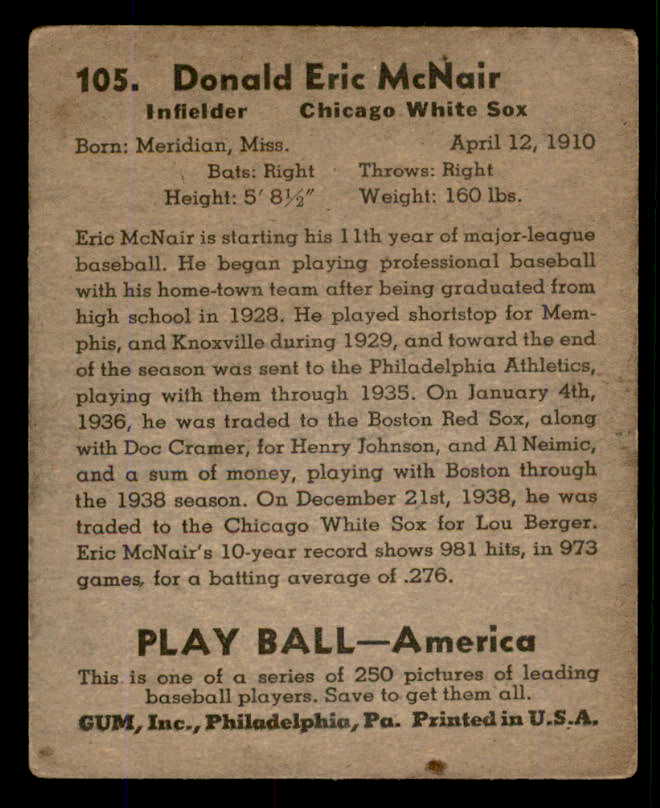 1939 Play Ball #105 Eric McNair White Sox VG-EX 558329