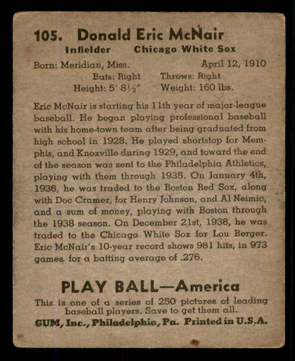 1939 Play Ball #105 Eric McNair White Sox VG-EX 558329