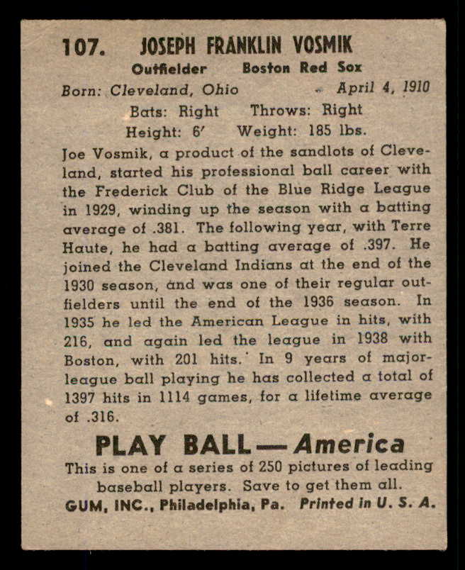 1939 Play Ball #107 Joe Vosmik Red Sox EX 558331