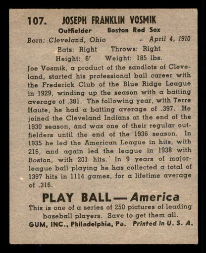 1939 Play Ball #107 Joe Vosmik Red Sox EX 558331