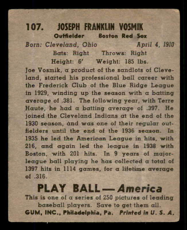 1939 Play Ball #107 Joe Vosmik Red Sox VG-EX 558332