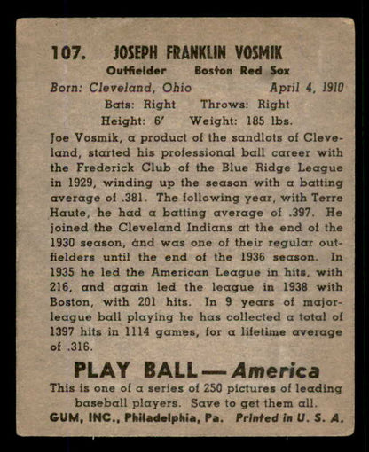 1939 Play Ball #107 Joe Vosmik Red Sox VG-EX 558332