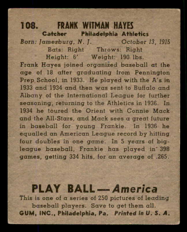 1939 Play Ball #108 Frankie Hayes A's EX 558333