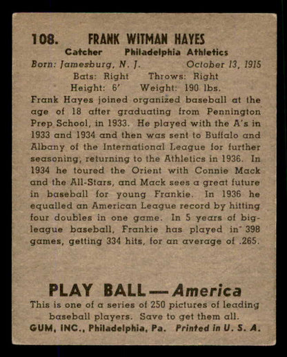 1939 Play Ball #108 Frankie Hayes A's EX 558333