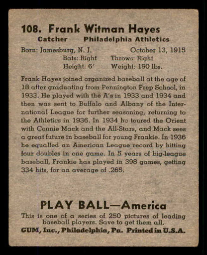1939 Play Ball #108 Frankie Hayes A's VG-EX 558334