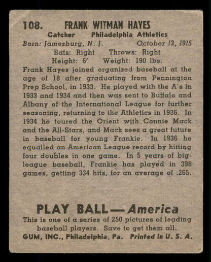 1939 Play Ball #108 Frankie Hayes A's VG 558335