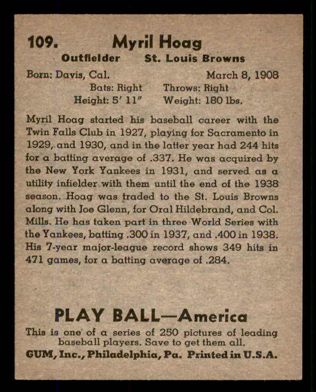 1939 Play Ball #109 Myril Hoag Browns NR-MT 558336