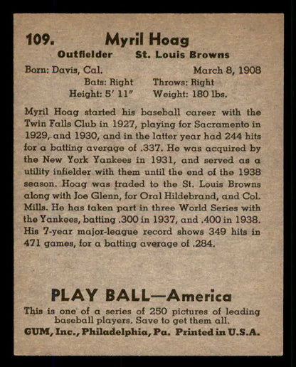 1939 Play Ball #109 Myril Hoag Browns NR-MT 558336