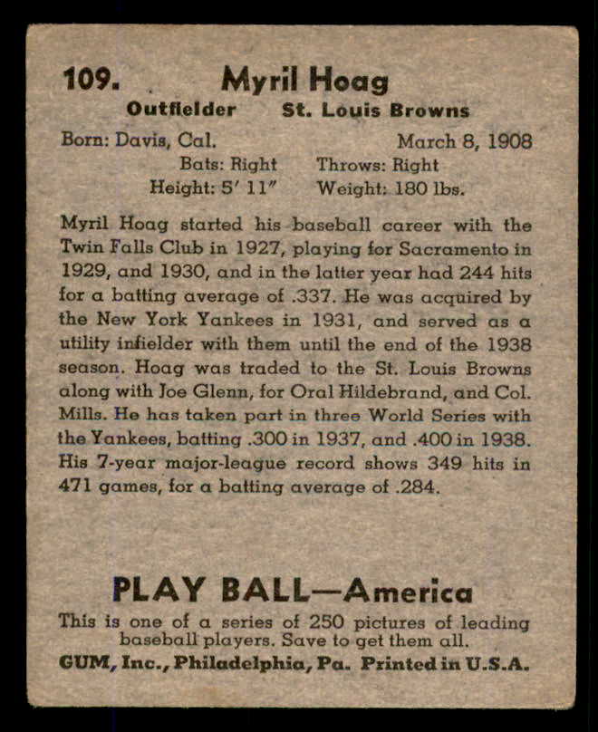 1939 Play Ball #109 Myril Hoag Browns VG-EX 558337
