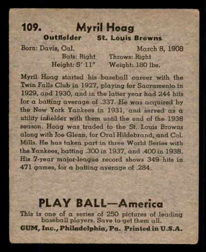 1939 Play Ball #109 Myril Hoag Browns VG-EX 558337