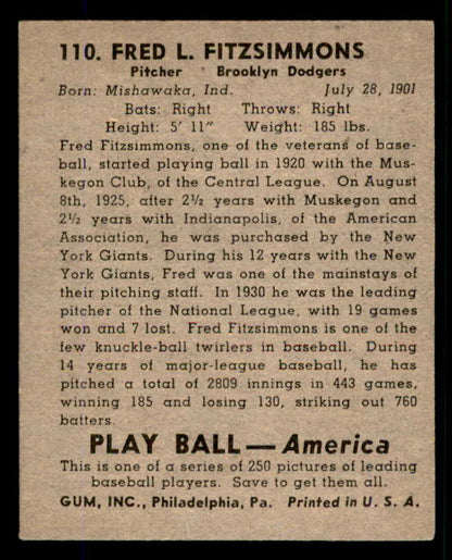 1939 Play Ball #110 Fred Fitzsimmons Dodgers EX 558340
