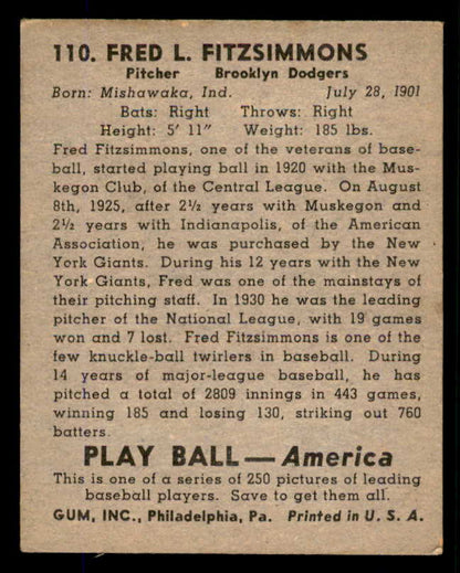 1939 Play Ball #110 Fred Fitzsimmons Dodgers GD-VG 558341