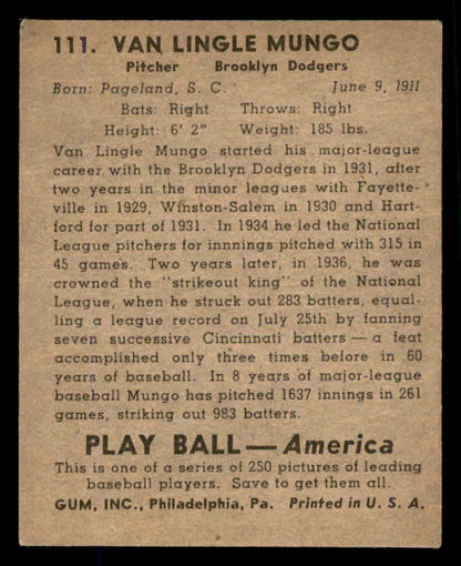 1939 Play Ball #111 Van Mungo Dodgers VG-EX 558342