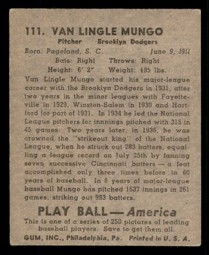 1939 Play Ball #111 Van Mungo Dodgers GD-VG 558343