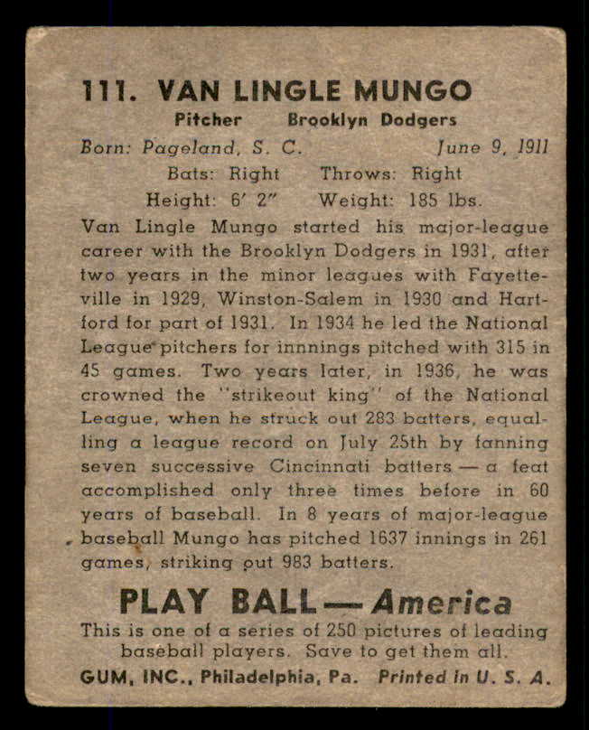 1939 Play Ball #111 Van Mungo Dodgers FR-GD/GD front damage 558344