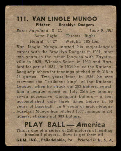1939 Play Ball #111 Van Mungo Dodgers FR-GD/GD front damage 558344