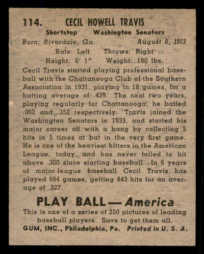 1939 Play Ball #114 Cecil Travis Senators EX 558348