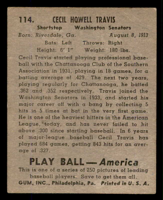 1939 Play Ball #114 Cecil Travis Senators VG/VG-EX 558349