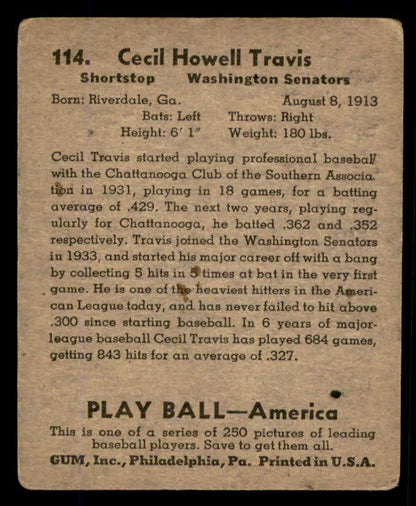 1939 Play Ball #114 Cecil Travis Senators VG 558350