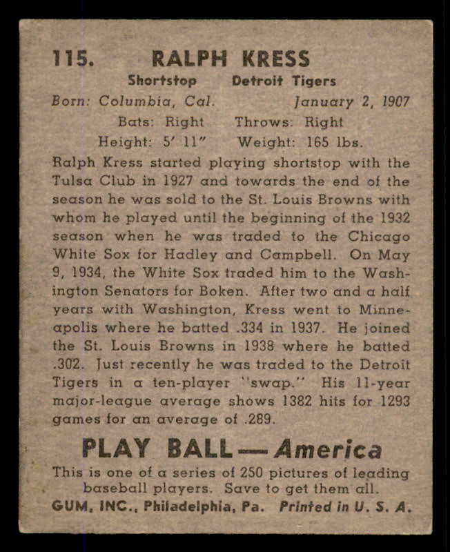 1939 Play Ball #115 Red Kress Tigers EX 558352