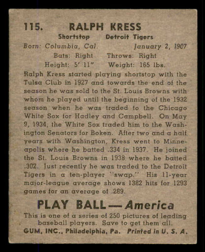 1939 Play Ball #115 Red Kress Tigers EX 558352