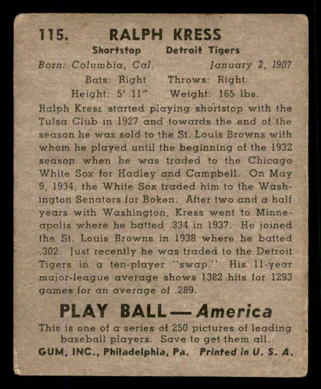 1939 Play Ball #115 Red Kress Tigers VG 558353