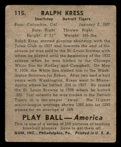 1939 Play Ball #115 Red Kress Tigers VG 558353