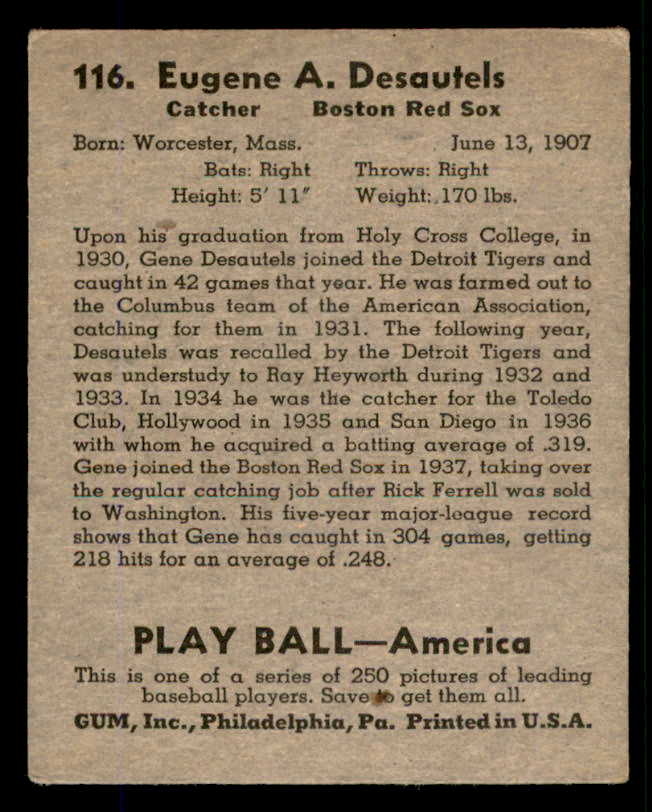 1939 Play Ball #116 Gene Desautels Red Sox EX 558354
