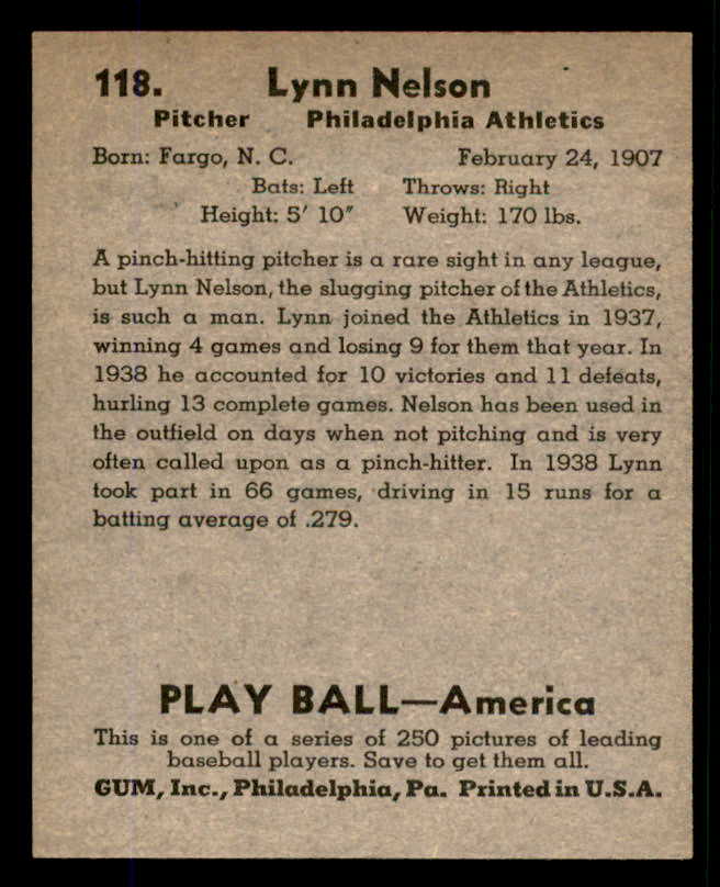 1939 Play Ball #118 Lynn Nelson A's EX-MT 558355