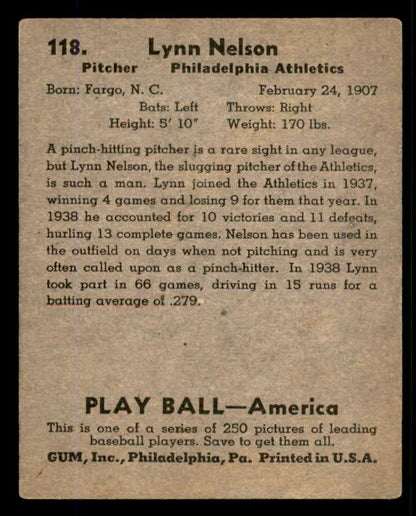 1939 Play Ball #118 Lynn Nelson A's VG 558356