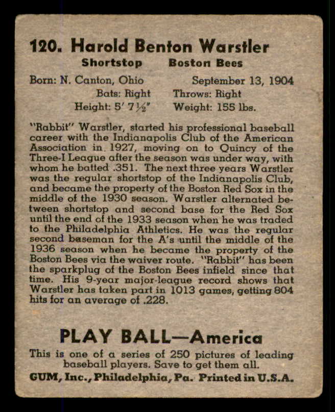 1939 Play Ball #120 Rabbit Warstler Braves Good 558359