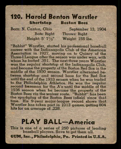 1939 Play Ball #120 Rabbit Warstler Braves Good 558359