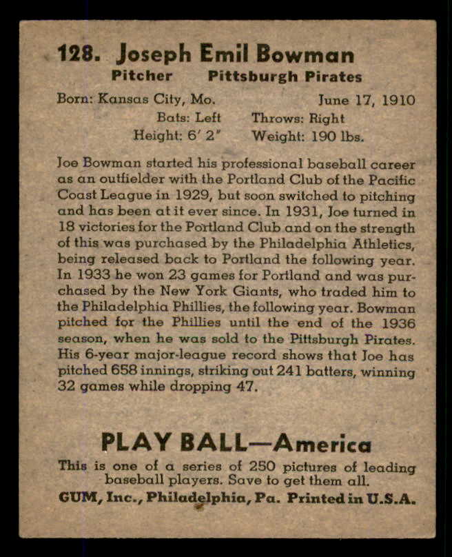 1939 Play Ball #128 Joe Bowman Pirates EX-MT 558363