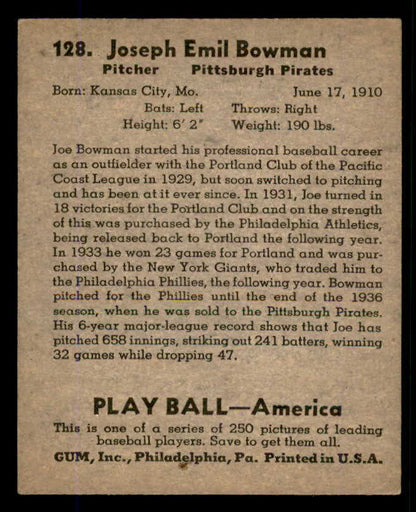 1939 Play Ball #128 Joe Bowman Pirates EX-MT 558363