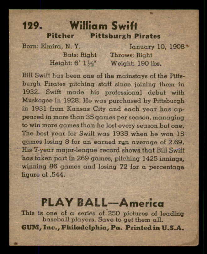 1939 Play Ball #129 Bill Swift Pirates EX-MT 558364