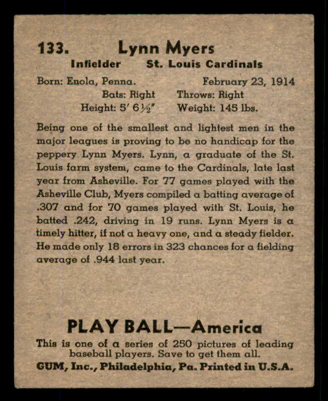 1939 Play Ball #133 Lynn Myers Cardinals EX 558368